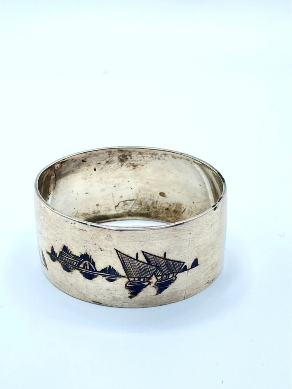 Vintage Iraqi Silver Niello Napkin Rings Set of 4 Double Scenic Middle Eastern